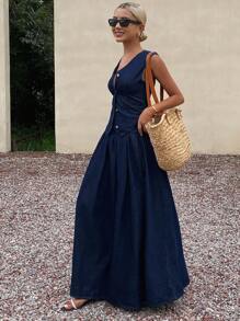 DAZY 洗水牛仔V领背心和迷你裙女式牛仔套装 - 深色水洗藍 - 查看 5