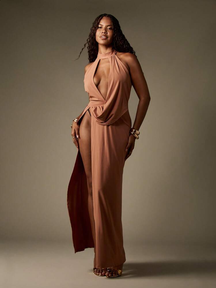 MISSGUIDED Elegant Plunging Halter Neck Maxi Dress High Slit Evening Gown Draped Bodycon Wedding Guest Party Formal Ball Gown
