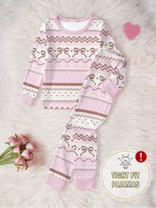 青少年女孩睡衣套装，可爱蝴蝶结印花针织贴身长袖上衣和裤子，秋冬 - 粉色 - 查看 3