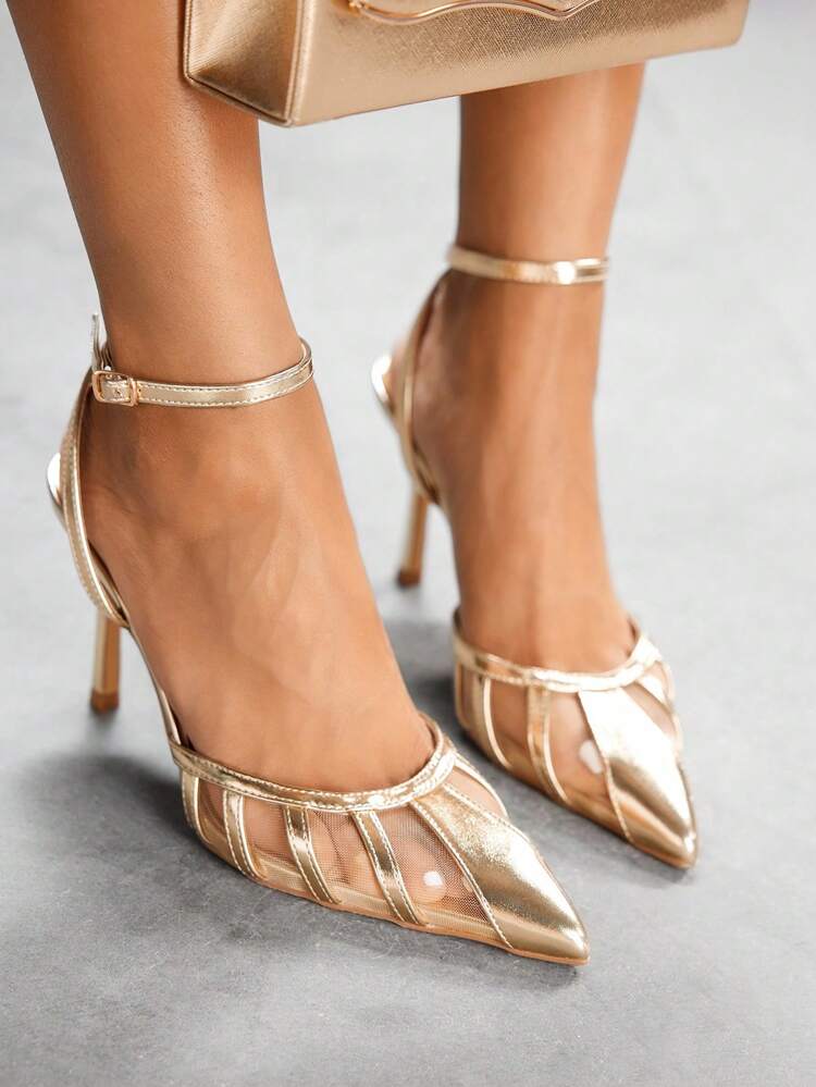 CUCCOO SZL Women's Metallic Gold PU & Mesh Panel Strap Ankle Strap Pointed Toe Backless Fashion Sexy French Style Party Date Pumps For Christmas Spring Shoes