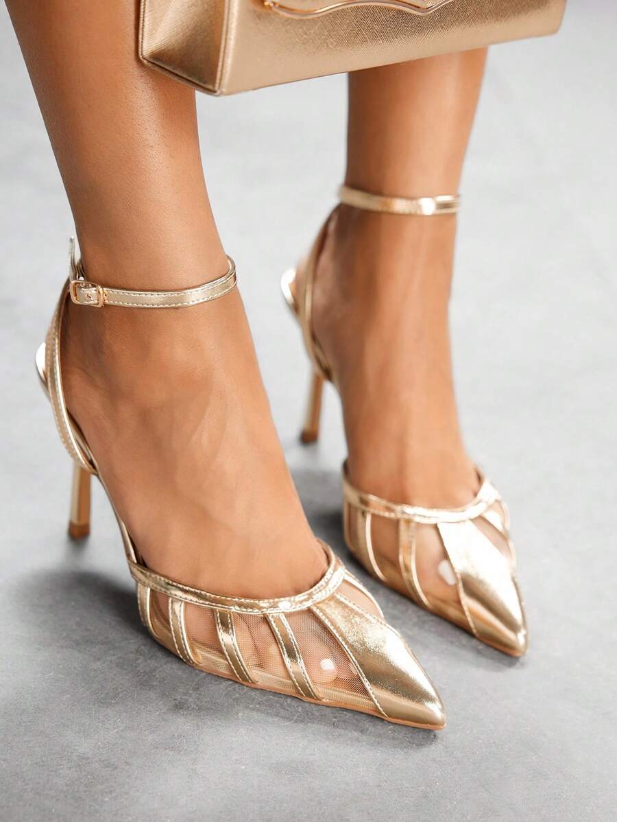 CUCCOO SZL Women's Metallic Gold PU & Mesh Panel Strap Ankle Strap Pointed Toe Backless Fashion Sexy French Style Party Date Pumps
