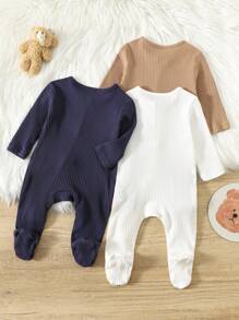 Set de 3 piezas Mameluco/Enterizo de punto acanalado con cuello redondo, manga larga y cremallera delantera para bebé recién nacido niño, suave y cómodo - Multicolor - Ver 2