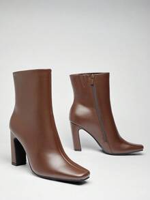 SHUZIA Women's 3.5'' Slanted Block Heel & Sleek Square Toe Pu Brown Ankle Booties–A Chic, Versatile Essential For Day-To-Night Looks With Modern Edge & All-Day Comfort. - Brown - View 5