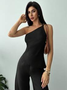 Firerie New Elegant Apricot Linen Asymmetric Hem Ruched Waist Backless Casual Blouse, Spring/Summer,Off The Shoulder Top - Black - View 4