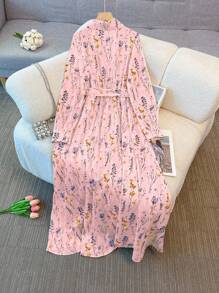 Franclia 女士休闲翻领简约蓝色碎花连衣裙长款女装秋季连衣裙大学女生秋季服装 - 粉色 - 查看 2