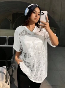 SHEIN EZwear 大尺碼女款蕾絲數字休閒透視上衣 - 白色 - 查看 2