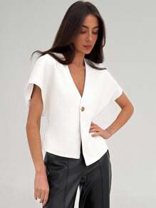 SHEIN PETITE CURVE Áo sơ mi nữ cỡ lớn màu trơn, cài một nút, tay bồng, kiểu dáng thường ngày, áo kiểu nữ mùa hè, áo kiểu đường phố, áo sơ mi nữ thanh lịch, áo blazer tay ngắn màu trắng, áo khoác cardigan tay ngắn thanh lịch, áo blazer trắng mùa hè, áo blazer trắng dáng ngắn, kiểu Stockholm, phù hợp với người có vóc dáng thấp. - trắng - Xem 5