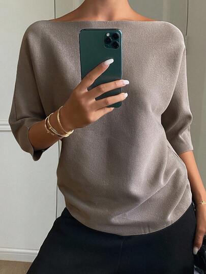 DAZY Damtopp med båtringning, enfärgad, 3/4-ärm, avslappnad och elegant stickning, höst/vinter