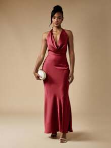 MISSGUIDED Đầm Maxi cổ yếm thanh lịch, đầm dạ hội trang trọng hở lưng, thiết kế yếm, cắt chéo, dài chấm đất, thích hợp cho những dịp đặc biệt, tiệc cưới, tiệc khiêu vũ, dạ hội, Giáng sinh - Màu Đỏ Sâu - Xem 5