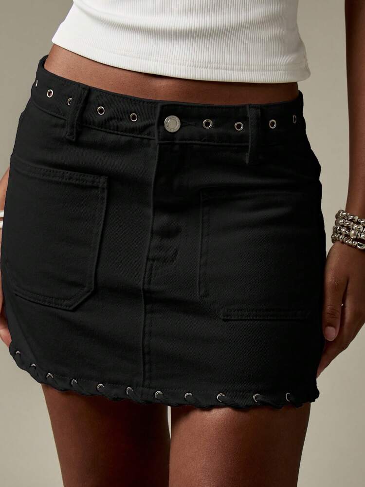 MISSGUIDED Mini Saia Denim com Detalhe de Ilhós, Estilo Grunge, Moda Ousada, Bolsos Frontais, Barra Crua, Roupa de Festa de Rock Punk, Verão, Festa, Streetwear