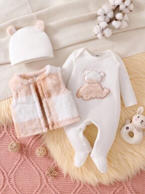 3pcs Newborn Baby Pink & White Bear Pattern Long Sleeve Romper, Vest & Hat Set, Home Outfit