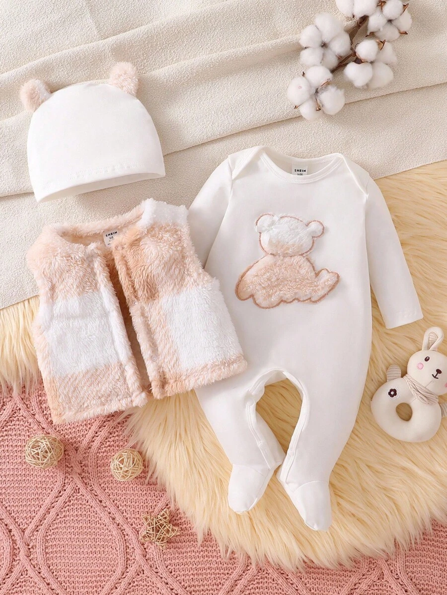 3pcs Newborn Baby Pink & White Bear Pattern Long Sleeve Romper, Vest & Hat Set, Home Outfit Fall Winter - Khaki - View 1