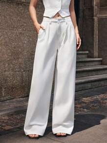 Selenza Women's Pocketed Pleated Wide Leg Loose Casual Versatile Denim Pants