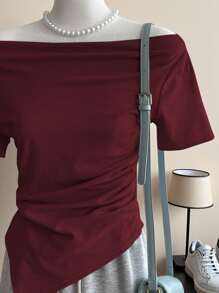 Lalippa Women's Summer Simple Solid Color Off-Shoulder Asymmetric Hem T-Shirt - Burgundy - View 4
