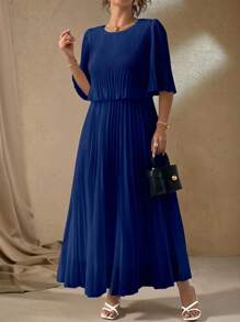 Roveilla Plus Size Elegant Lady Solid Color Pleated Chiffon Dress, Spring & Summer - Navy Blue - View 3