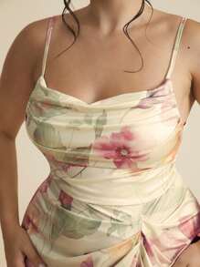 SHEIN BAE Abito da donna taglie forti estivo, scollo a V, con spacco, colorblock, Tintura a nodi stampato, adatto per occasioni regolari, festival, appuntamenti, feste, abito da ospite di matrimonio, abiti da compleanno per donna - Giallo - Visualizzare 5