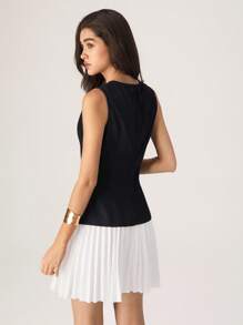 Modelyn 女士纯色纽扣设计褶皱下摆上衣和褶皱半裙时尚两件套，女士时尚优雅派对盛大晚宴闪耀秋季女装连衣裙，返校季服装，舒适柔软面料，送给妈妈的礼物，返校季贺卡黑白拼接休闲连衣裙两件套 - 黑色 - 查看 2