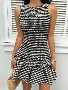 SHEIN EZwear 女式常规可爱度假风格红白格子无袖迷你连衣裙 - 黑與白 - 查看 3