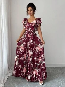 Elenzga Đầm nữ dáng chữ A in họa tiết kỹ thuật số phong cách nghỉ dưỡng nhún bèo eo thanh lịch lãng mạn - Nhiều màu - Xem 4