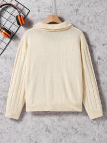 SHEIN Tween Boy 1 Piece Vintage Cable Knit Sweater , Beige Half-Zip High Neck Pullover, Adjustable Zipper Collar, Regular Fit Wool Blend Top For School Daily Wear, Father-Son Matching, Birthday & New Year Gift Idea Fall Winter - Apricot - View 2