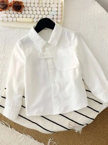 SHEIN Tween Boy Casual Solid Color Long Sleeve Shirt, Autumn - White - View 4