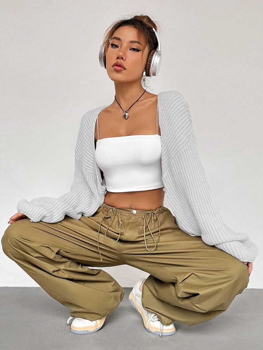 Flirla Casual Loose Solid Color Cropped Cardigan Fall Winter Cloth For Women - Light Grey - View 1