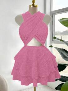 SHEIN Clasi Váy đi biển cổ chữ V khoét sâu dành cho nữ cỡ lớn, thiết kế thời trang, hàng mới về mùa xuân/hè - Màu Hồng baby - Xem 5