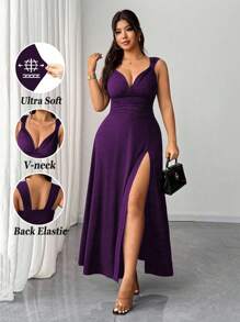 Elenzga Women's Plus Size Solid Color Twist Knot V-Neck High Slit High Stretch Knit Party Cocktail Versatile Stylish Design 2025 New Dress - Purple - View 1