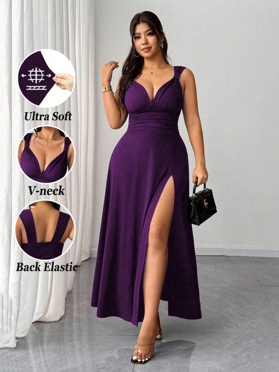 Elenzga Women's Plus Size Solid Color Twist Knot V-Neck High Slit High Stretch Knit Party Cocktail Versatile Stylish Design 2025 New Dress - Purple - View 1