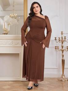 Modelyn Đầm dài tay thường ngày phối lưới trơn cỡ lớn tương phản Đầm dạ hội dài - màu nâu - Xem 3