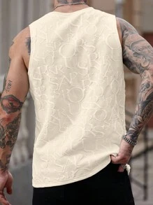 Manfinity Homme 男士休闲字母压花圆领背心，夏季男士背心男士无袖上衣奶油色背心男士白色背心男士男士印花背心 - 卡其色 - 查看 2