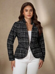 SHEIN Clasi 大码休闲通勤简约日常百搭时尚长袖西装外套女式西装外套女式西装外套短款西装外套女士西装外套粗花呢夹克女式秋装大码冬装女式商务休闲女式办公室服装女式工作服 - 黑與白 - 查看 4