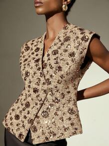 Aveloria Modichic Tweed Fabric Sequin Embroidery Elegant Design Buttoned Fitted Vest Top - Khaki - View 3