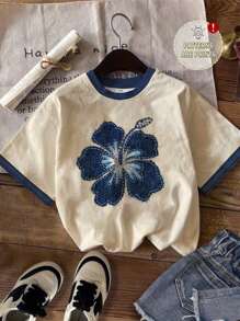 SHEIN EZwear Casual Floral Print Loose Fit Round Neck Short Sleeve T-Shirt For Women, Suitable For Autumn/Winter