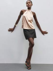 Maija Women's Lace-Up Satin Halter Neck Exposed Shoulder Blouse, Formal & Urban Casual Wear, Office Lady Outerwear,Autumn Outfits For Women, Christmas Women's Clothing - Khaki - View 2