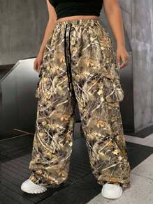 SHEIN EZwear Spodnie dresowe w stylu vintage streetwear z nadrukiem opadłych liści, sznurowane, w dużych rozmiarach - Wielokolorowe - Zobacz 1