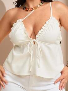 SHEIN BAE Plus Size Women's Linen Sleeveless Crop Top,White,Summer,Elegant,Night Out Club,,Spring,Fall,Halloween,Back To School,Christmas,Wedding Guest - White - View 5