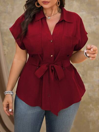 Roveilla Plus Size Women's Elegant French Style Commuter/Vacation Solid Color V-Neck Shoulder Sleeve Tie Waist A-Line Short Sleeve Blouse With Metal Button Decor