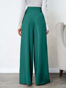 SHEIN Tall 100%纯棉高腰女士米色深褶亚麻长裤 - 綠色 - 查看 2