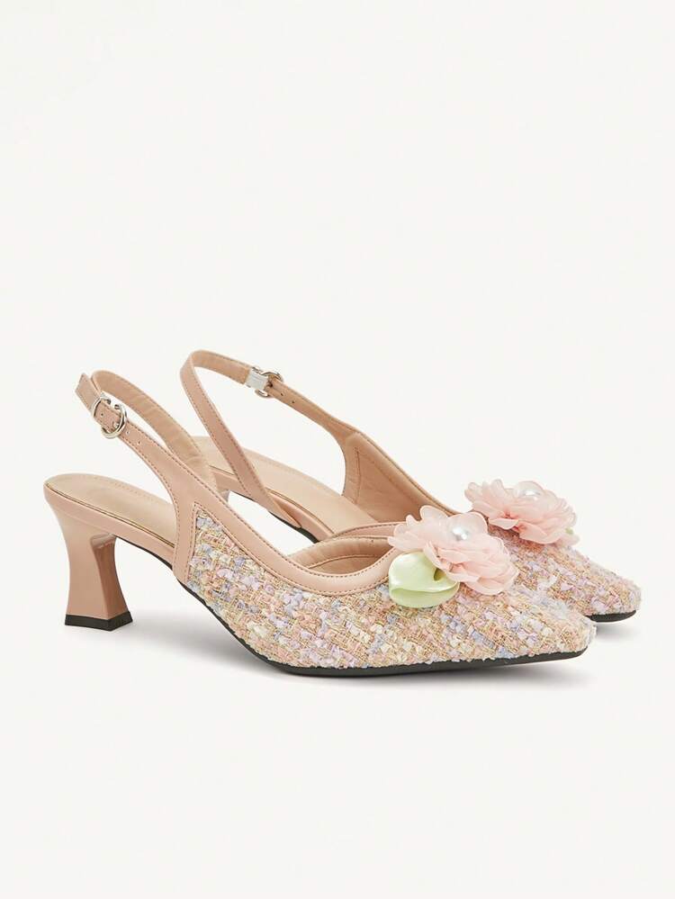 CUCCOO CHICEST Women's Elegant Floral Pearl Square Toe Block Heel Pumps, Vintage Romantic Shallow Pink Faux Leather High Heels, Peep Toe Dress Shoes For Afternoon Tea, Date, Party, Holiday, Formal Occasions