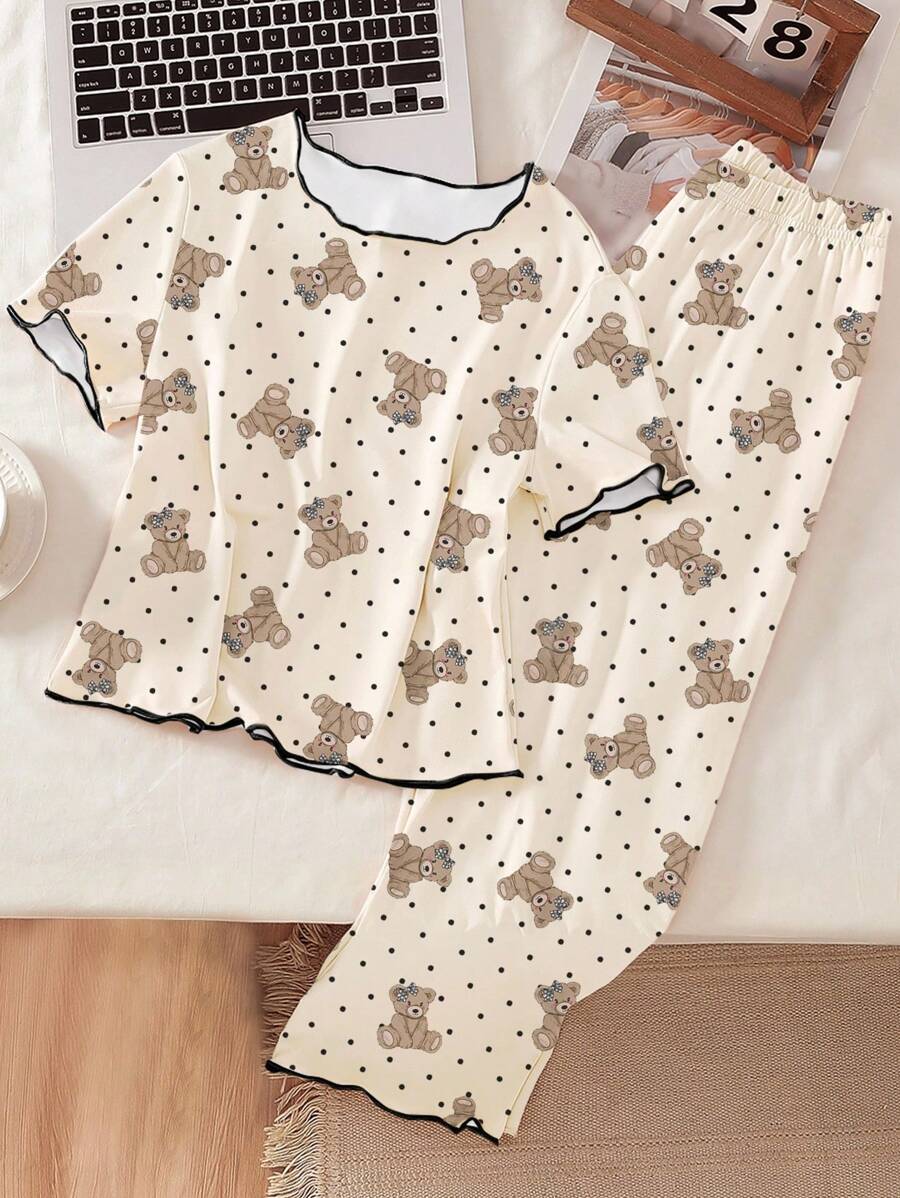 Sparklyn 2pcs Tween Girls Pajama Set, Apricot Background Bear All-Over Print Casual Round Neck Ruffle Hem Short Sleeve Top And Pants, Summer, Back To School Fashion - Apricot - View 1