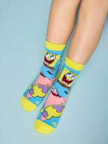 SpongeBob SquarePants | SHEIN 4 双柔软透气吸湿排汗休闲女士中筒袜，时尚可爱的粉色和蓝色中筒袜，加固的脚趾和脚跟，经久耐用，适合所有季节，夏季和冬季 - 彩色 - 查看 9