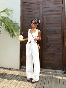 SHEIN EZwear 女士新款米色亚麻背心裤套装 女士度假套装 女士夏季套装 女士春季套装 女士夏季套装 - 白色 - 查看 3