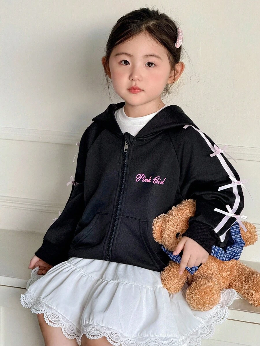 Genkimix Kids 少女3D蝴蝶字母印花休闲连帽夹克 - 黑色 - 查看 1