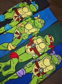 TEENAGE MUTANT NINJA TURTLES | SHEIN 4 双柔软透气吸湿排汗休闲男士中筒袜，搭配时尚灰色和蓝色中筒袜，加固脚趾和脚跟，经久耐用，男女通用，四季百搭 - 彩色 - 查看 3