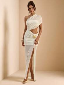 SHEIN BAE Vestido largo de malla elegante con un hombro, en color albaricoque, sin mangas, con espalda descubierta y decoración metálica, para vacaciones en la playa, primavera/verano