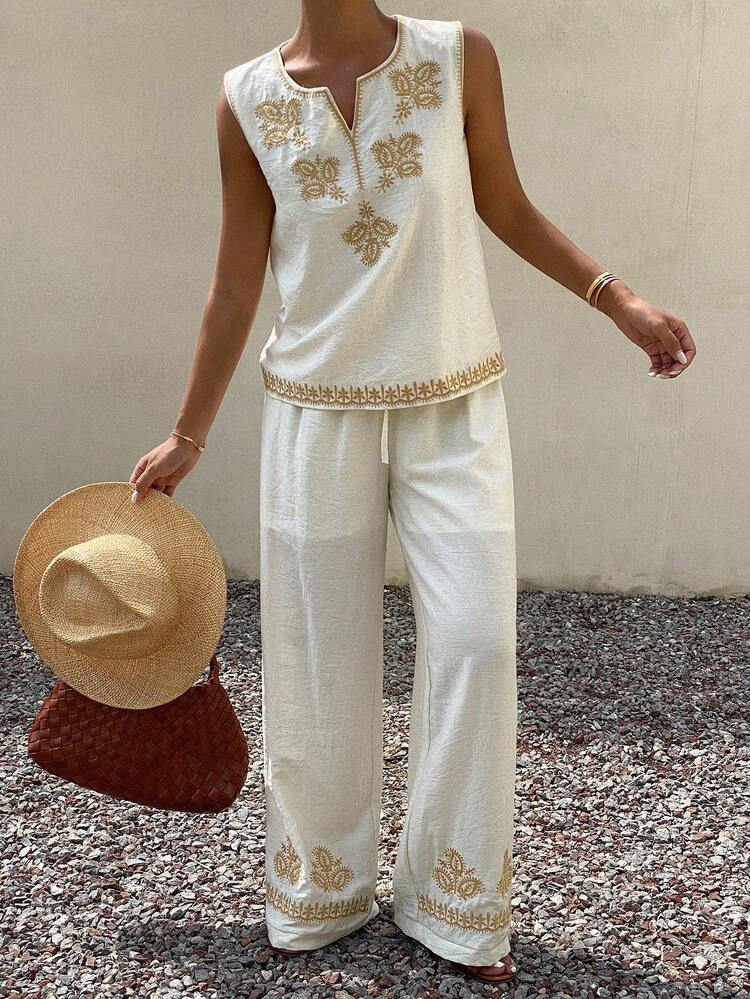 2pcs/Set Women's Vacation Style Embroidered Round Neck Camisole And Wide Leg Pants