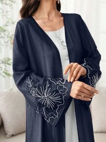 SHEIN Najma Spring/Summer Lightweight Open Front Abaya Jacket With Embroidered Floral Trim On Cuffs And Placket - Navy Blue - View 7