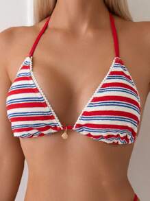 Swim Vcay Women's 2-Piece Textured Fabric Halter Neck Lace Trim Shell Decor Bikini Set Set, Sexy & Minimalist, Summer Beach Wear - Multicolor - View 5