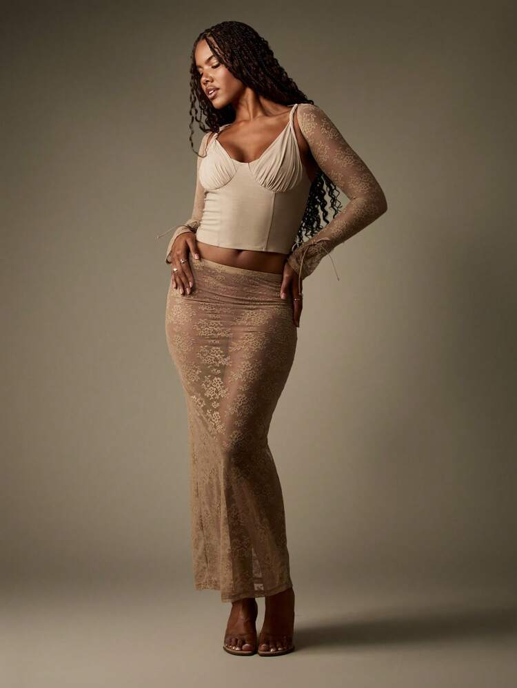 MISSGUIDED Floral Lace Co Ord Set Long Sleeve Crop Top And Maxi Skirt Beach Resort Vacation Evening Wear Spring Summer Occasion Set